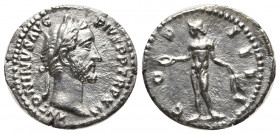 Antoninus Pius AR Denarius. Rome, AD 148-149. ANTONINVS AVG PIVS P P TR P XII, laureate head right / COS IIII, Genius standing left, holding patera an...