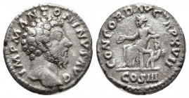 Marcus Aurelius. A.D. 161-180. AR denarius (17 mm, 3.15 g). Rome mint 162/3, struck A.D.. IMP M ANTONINVS AVG, bare head of Marcus Aurelius right / CO...