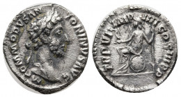 Commodus. A.D. 177-192. AR denarius (17 mm, 3.32 g). Rome mint, Struck A.D. 180-181. M COMMODVS ANTONINVS AVG, laureate head right / TR P VI IMP IIII ...