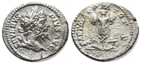 Septimius Severus AR Denarius. Rome, AD 201. SEVERVS PIVS AVG, laureate head right / PART MAX P M TR P X, trophy of arms, with two captives seated to ...