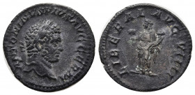 Caracalla, 198-217. Denarius (Silver, 18mm, 2.21gr), Rome, 213-217. ANTONINVS PIVS AVG GERM Laureate head of Caracalla to right. Rev. LIBERAL AVG VIII...