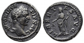 Caracalla AR Denarius. Rome, AD 206-210. ANTONINVS PIVS AVG, laureate bust right / LIBERTAS AVG, Libertas standing left holding pileus and sceptre. RI...