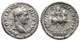 Caracalla AR Denarius. Rome, AD 208. ANTONINVS PIVS AVG, laureate head right / PONTIF TR P XI COS III, Caracalla on horseback right, holding spear, PR...