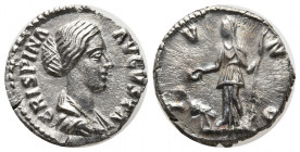 Crispina. Augusta, AD 178-182. AR Denarius (18mm, 2.88 g). Rome mint. Struck under Commodus, circa AD 178-182. Draped bust right / Juno standing left,...