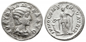 Julia Mamaea AD 222-235. Rome
Denarius AR
18 mm, 2.90 g.
IVLIA MAMAEA AVG, draped bust right / IVNO CONSERVATRIX, Juno Conservatrix standing left, hol...