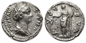 Diva Faustina Senior. Died A.D. 141. AR denarius. 3.10 gm. 18 mm. Rome mint. Struck under Antoninus Pius, circa A.D. 146-161. Her draped bust right; D...