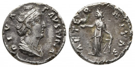 Diva Faustina Senior AR Denarius. Rome, AD 146-161. Draped bust right, hair coiled on top of head DIVA FAVSTINA / Aeternitas standing facing, head lef...