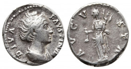 Faustina I (wife of A. Pius) AR Denarius. 2.77gr, 16,5mm. Rome, AD 141-161. DIVA FAVSTINA, draped bust right / AVGVSTA, Vesta standing left holding si...
