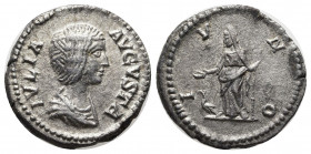Julia Domna, wife of Septimius Severus AD 193-217. Rome
Denarius AR
18mm., 3,36 g.
IVLIA AVGVSTA, draped bust right / IVNO, Juno veiled standing left,...