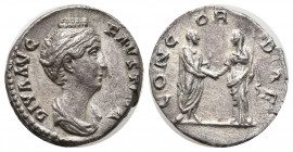 Diva Faustina I (wife of A. Pius) AR Denarius. Rome, after AD 141. DIVA AVG FAVSTINA, draped bust right / CONCORDIAE, Pius standing right, holding rol...
