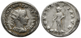 Gordian III AR Antoninianus. Antioch, AD 238-239. IMP GORDIANVS PIVS FEL AVG, radiate, draped and cuirassed bust right / PROVIDENTIA AVG, Providentia ...