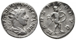 Gordian III. A.D. 238-244. AR antoninianus (21 mm, 3.86 g). Rome mint, struck A.D. 244, 14th emission. IMP GORDIANVS PIVS FEL AVG, radiate, draped and...