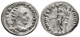 Trajan Decius AR Antoninianus. Rome, AD 249-251. IMP C M Q TRAIANVS DECIVS AVG, radiate and cuirassed bust right / GENIVS EXERCITVS ILLVRICIANI, Geniu...