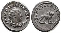 Philip I. AD 244-249. AR Antoninianus (21mm, 3.83 g). Ludi Saeculares issue. Rome mint; 1st officina. 9th emission, AD 248. IMP PHILIPPVS AVG, radiate...