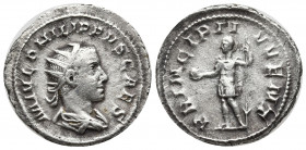 PHILIP II (244-247). Antoninianus. Rome.
Obv: M IVL PHILIPPVS CAES.
Radiate, draped and cuirassed bust right.
Rev: PRINCIPI IVVENT.
Prince standing le...