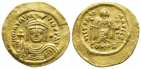 Maurice Tiberius, 582-602. Light weight Solidus of 23 Siliquae (Gold, 21 mm, 4.23 g), Theoupolis (Antiochia). O N mAVRC TIb P P AVG Draped and cuirass...