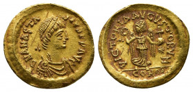 Anastasius I AV Tremissis. Constantinople, AD 491-518. A N ANASTASIVS P P AVG, diademed, draped and cuirassed bust right / VICTORIA AVGVSTORVM, Victor...
