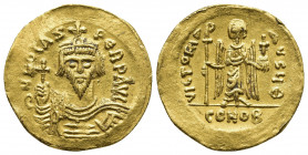Phocas (AD 602-610). AV solidus (22mm, 4.54 gm, 6h). large flan. Constantinople, 9th officina, AD 607-609. d N FOCAS-PЄRP AVG, crowned, draped and cui...