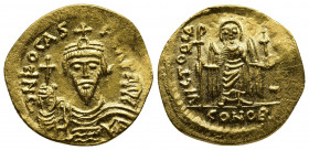 Phocas (AD 602-610). AV solidus (20mm, 4.15 gm). Constantinople, 3rd officina. AD 603-607. δN FOCAS PЄRP AVG, crowned and cuirassed bust of Phocas fac...