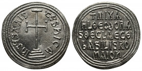 Michael III "the Drunkard", with Theodora and Thecla, 842-867. Miliaresion (Silver, 24 mm, 1.99 g), Constantinopolis, 842-856. IҺSЧS XRISTЧS ҺICA Cros...