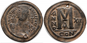 JUSTINIAN I, (527-565), AE follis, Constantinople mint, (21.40 g, 44mm) issued year 12 = 538-9, oficina A (1st oficina), obv. Justinian bust facing, D...