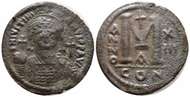 JUSTINIAN I, (527-565), AE follis, Constantinople mint, (18.26 g, 39mm) issued year 13 = 539-540, oficina A (1st oficina), obv. Justinian bust facing,...