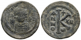 Maurice Tiberius. 582-602. Æ Half Follis (29mm, 11.99 g, heavy weight). Thessalonica mint (?). Dated RY 12 (593/4). Diademed, helmeted, and cuirassed ...
