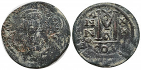 MAURICE TIBERIUS. 582-602 AD. Æ Follis (33 mm, 12.38 gm). Constantinople mint. Dated RY 20 (601/2 AD). DN MAVRIC TIbER PP AVG, crowned facing bust, we...