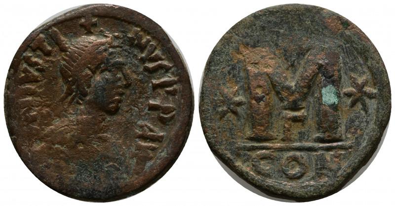 JUSTIN I (518-527). Follis. Constantinople. Obv: D N IVSTINVS P P AVG. Diademed,...