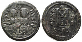 Justin II and Sophia (565-578). Æ 40 Nummi (29mm, 12.92g). Cyzicus, year 11 (575/6). Justin, holding globus cruciger, and Sophia, holding cruciform sc...