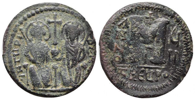 JUSTIN II. 565-578 AD. Æ Follis (30mm, 10.79 gm). Antioch mint. Dated year 7 (57...