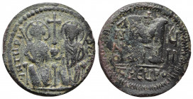 JUSTIN II. 565-578 AD. Æ Follis (30mm, 10.79 gm). Antioch mint. Dated year 7 (571/2 AD). Justin and Sophia enthroned, holding sceptres and globus cruc...