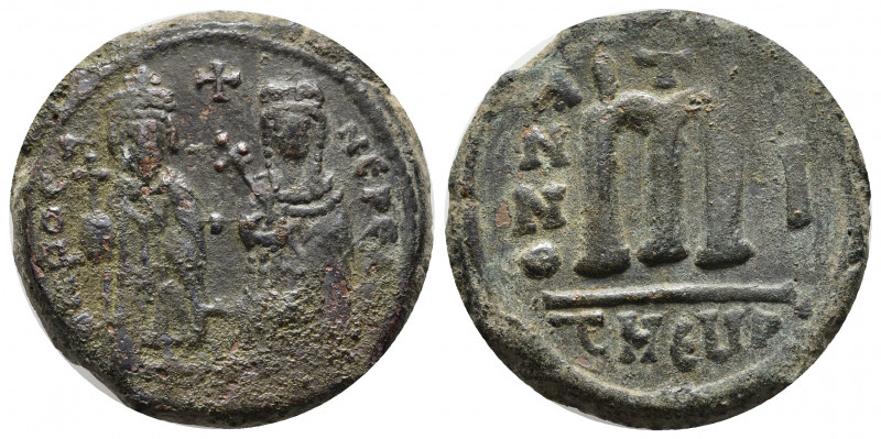 Phocas, with Leontia AD 602-610. Theoupolis (Antioch). Year 1 (602/3)
Follis or ...