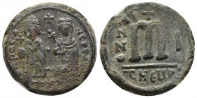 Phocas, with Leontia AD 602-610. Theoupolis (Antioch). Year 1 (602/3)
Follis or 40 Nummi Æ
26 mm, 10,67 g
[D N] FOCAN EPE AV, Phocas, holding globus c...
