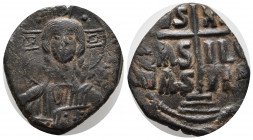 Anonymous Follis. temp. Romanus III, circa 1028-1034. Æ Follis (25mm, 9,67 g). Constantinople mint. Facing bust of Christ Pantokrator / Large cross po...