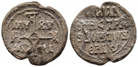 Byzantine lead seal.
9th century. PB Seal.
Obv : Invocative monogram for TW CW ΔΥ ΛW.
Rev : Legend in four lines.
Weight: 12.84 g.
Diameter: 27 mm.