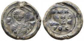 Byzantine lead seal.
10-11th century. PB Seal. Uncertain.
Obv :M/I-X/A Nimbate facing bust of St. Michael, wearing loros, holding scepter in his right...
