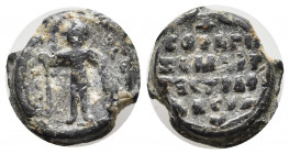 Byzantine lead seal.
11th Saint Theodore, nimbate, standing facing, holding spear in his right hand and resting his left hand on shield right hand and...