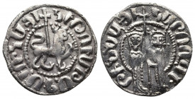 ARMENIA, Cilician Armenia. Royal . Hetoum I and Zabel. 1226-1270. AR Tram (21mm, 2.95 g). Zabel and Hetoum standing facing one another, each crowned w...