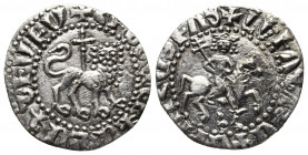 ARMENIA. LEVON II, 1270-1289. Tram. King on horseback r., scepter in r. hand, a circle with a dot in the center beneath the horse. Rv. Lion walking r....