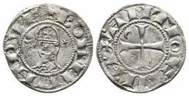 Crusaders, Antioch. Bohemund III (1163-1201). AR Denier (17mm, 0.85g). Helmeted and mailed head k,; crescent before, star behind. R/ Cross pattée; cre...