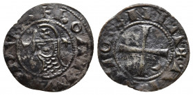 Crusaders, Antioch. Bohemund III (1163-1201). AR Denier (16mm, 0.56g). Helmeted and mailed head k,; crescent before, star behind. R/ Cross pattée; cre...