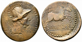 Iberia, Emporion, late 1st century BC. Æ As (25mm, 9.88g, 6h). Helmeted head of Athena r. R/ Pegasos flying r.; laurel crown above. RPC I 254. Near VF...