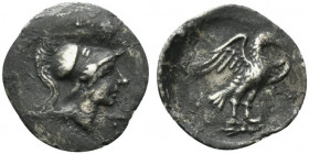 Latium, Alba Fucens, c. 280-275 BC. AR Obol (14mm, 0.59g, 3h). Head of Athena r., wearing crested Corinthian helmet. R/ Eagle standing r. on thunderbo...