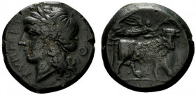 Campania, Teanum Sidicinum, c. 265-240 BC. Æ (17mm, 5.80g, 6h). Laureate head of Apollo l.; O behind. R/ Man-headed bull standing r., crowned by Nike;...