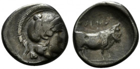 Southern Campania, Hyria, c. 405-395 BC. AR Didrachm (21.5mm, 7.13g, 7h). Helmeted head of Athena r., owl on helmet. R/ Man-headed bull standing r. HN...