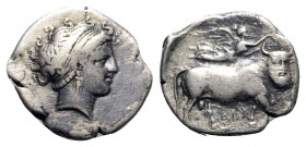 Southern Campania, Neapolis, c. 320-300 BC. AR Didrachm (21mm, 7.25g, 5h). Head of nymph r.; uncertain symbol behind. R/ Man-headed bull walking r.; a...