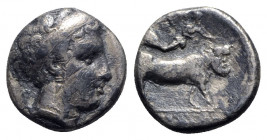 Southern Campania, Neapolis, c. 320-300 BC. AR Didrachm (19mm, 7.13g, 6h). Head of female r., hair in band. R/ Man-headed bull standing r., head facin...