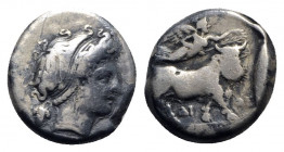 Southern Campania, Neapolis, c. 300-275 BC. AR Didrachm (19mm, 7.32g, 11h). Head of nymph r.; grape bunch behind neck. R/ Man-headed bull walking r.; ...