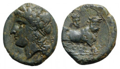 Southern Campania, Neapolis, c. 300-275 BC. Æ (16mm, 3.61g, 6h). Laureate head of Apollo l. R/ Man-headed bull walking r.; cuirass above, EN below. HN...
